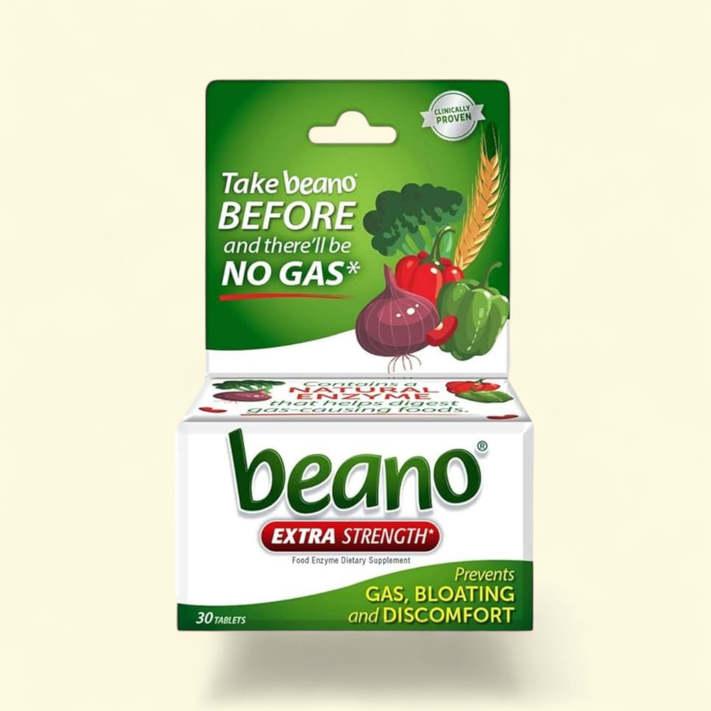 Beano Extra Strength supplement packaging on a beige background