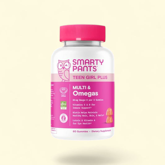 Smarty Pants Teen Girl Plus Multi & Omegas gummy supplement bottle on a light yellow background