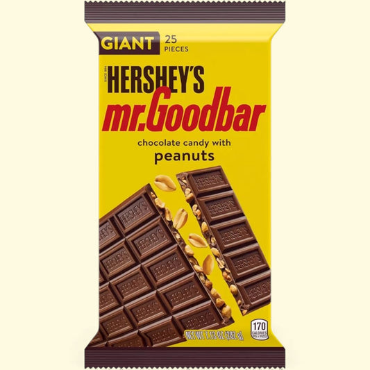 Hershey's Mr. Goodbar chocolate candy with peanuts packaging on a white background