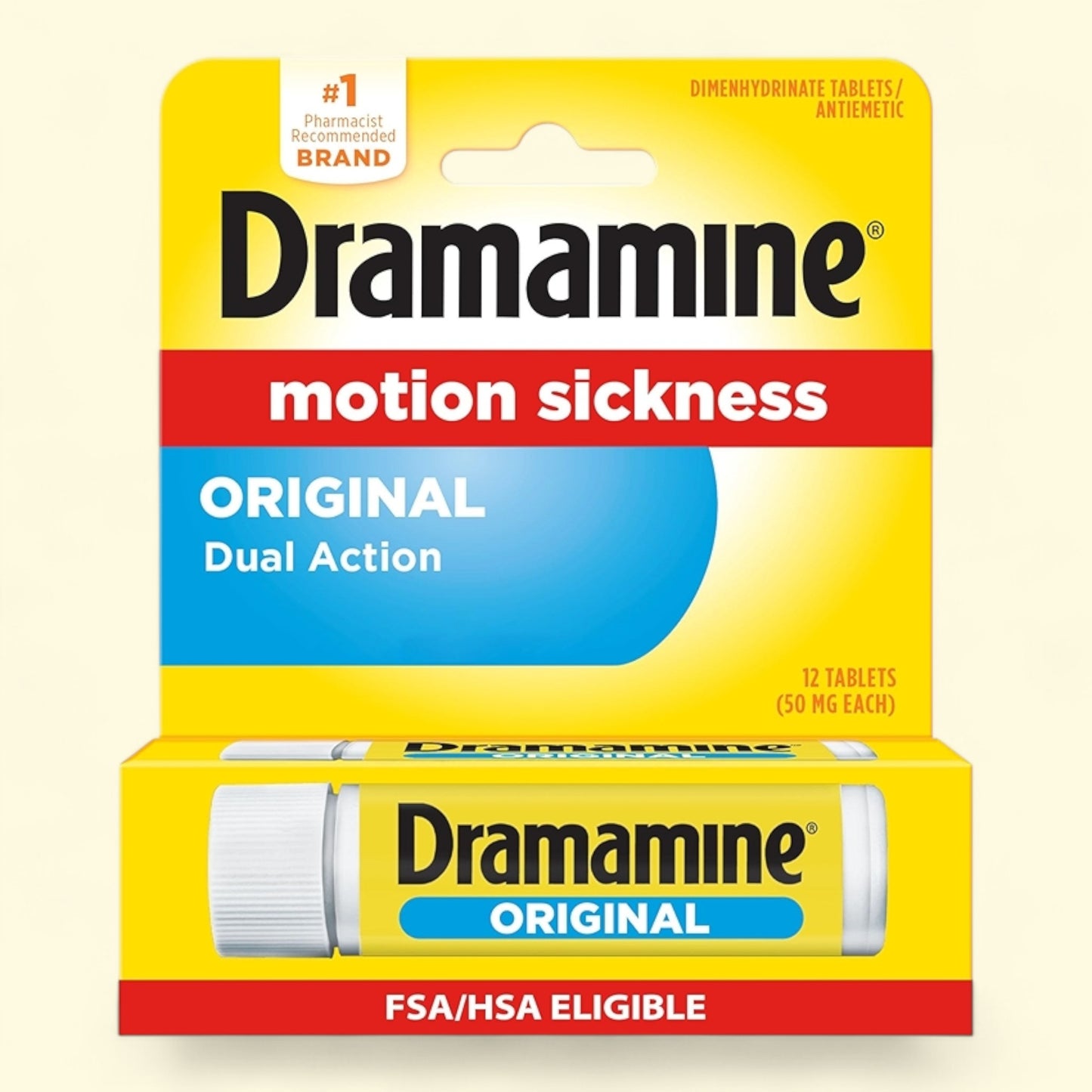 Dramamine motion sickness relief packaging on a beige background