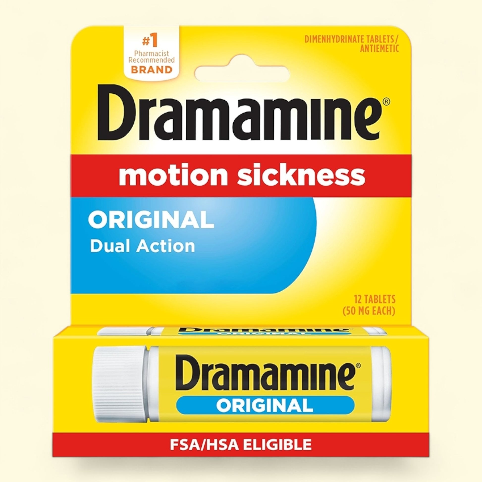 Dramamine motion sickness relief packaging on a beige background