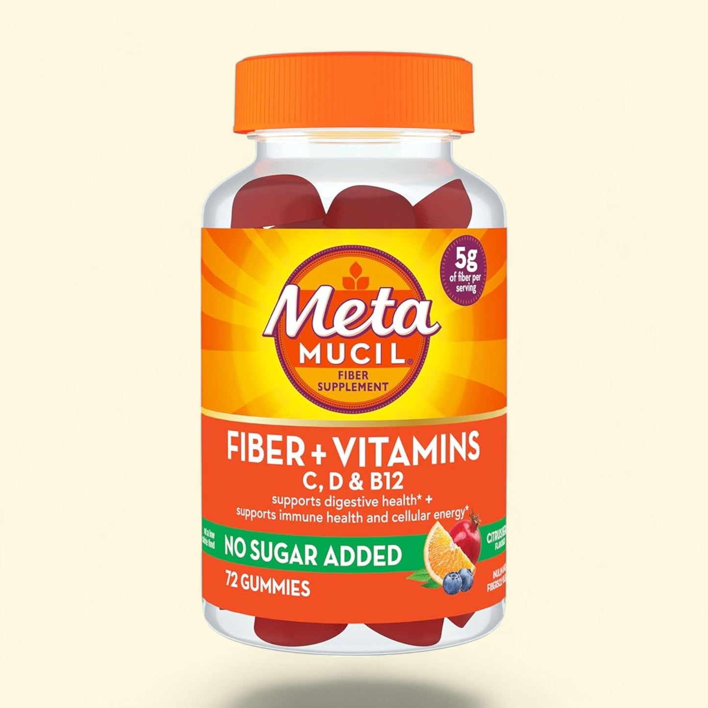 Meta Mucil fiber supplement gummies bottle with orange cap on a beige background