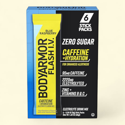 BodyArmor Flash I.V. electrolyte drink mix package with blue and yellow design on a white background