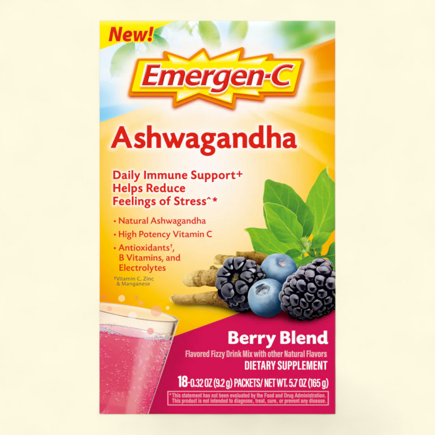 Emergen-C Ashwagandha Drink Mix, Berry Blend, 18 Ct