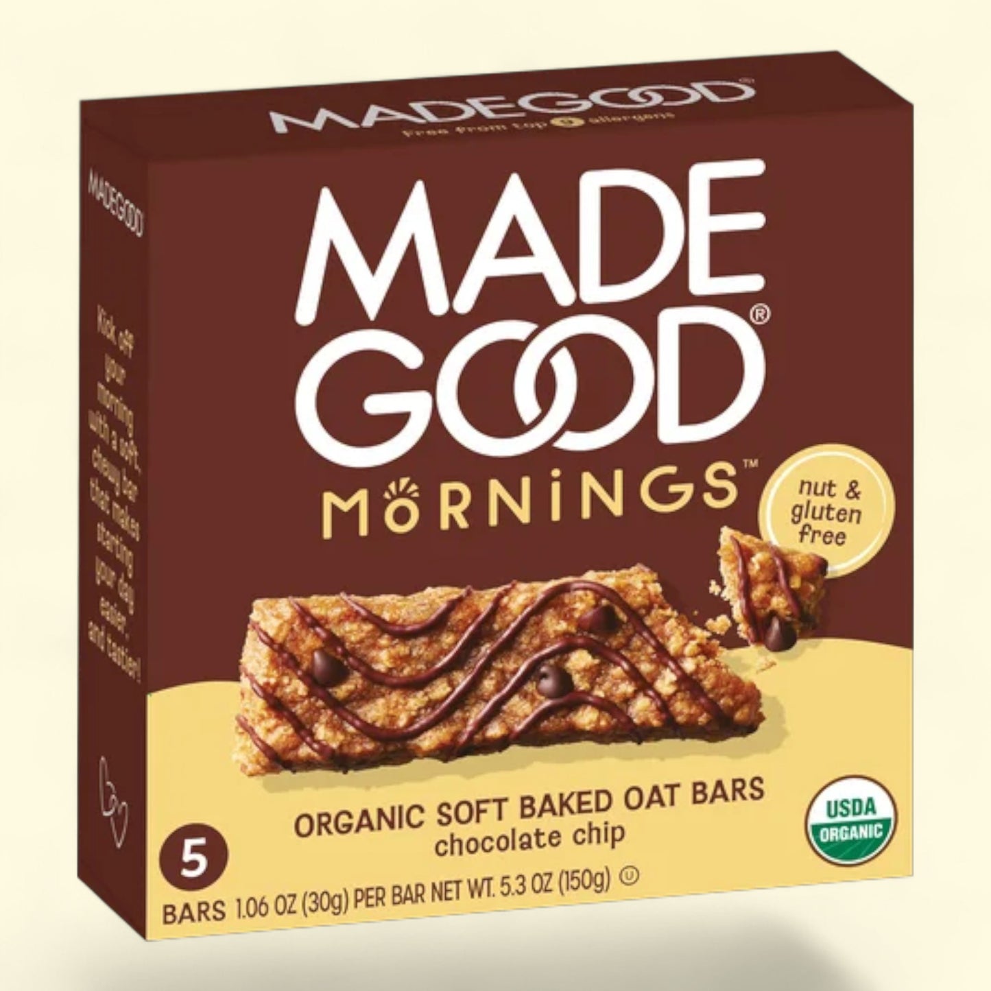 Made Good Mornings organic soft baked oat bars with a chocolate chip flavor on a beige background.