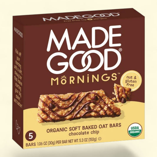 Made Good Mornings organic soft baked oat bars with a chocolate chip flavor on a beige background.