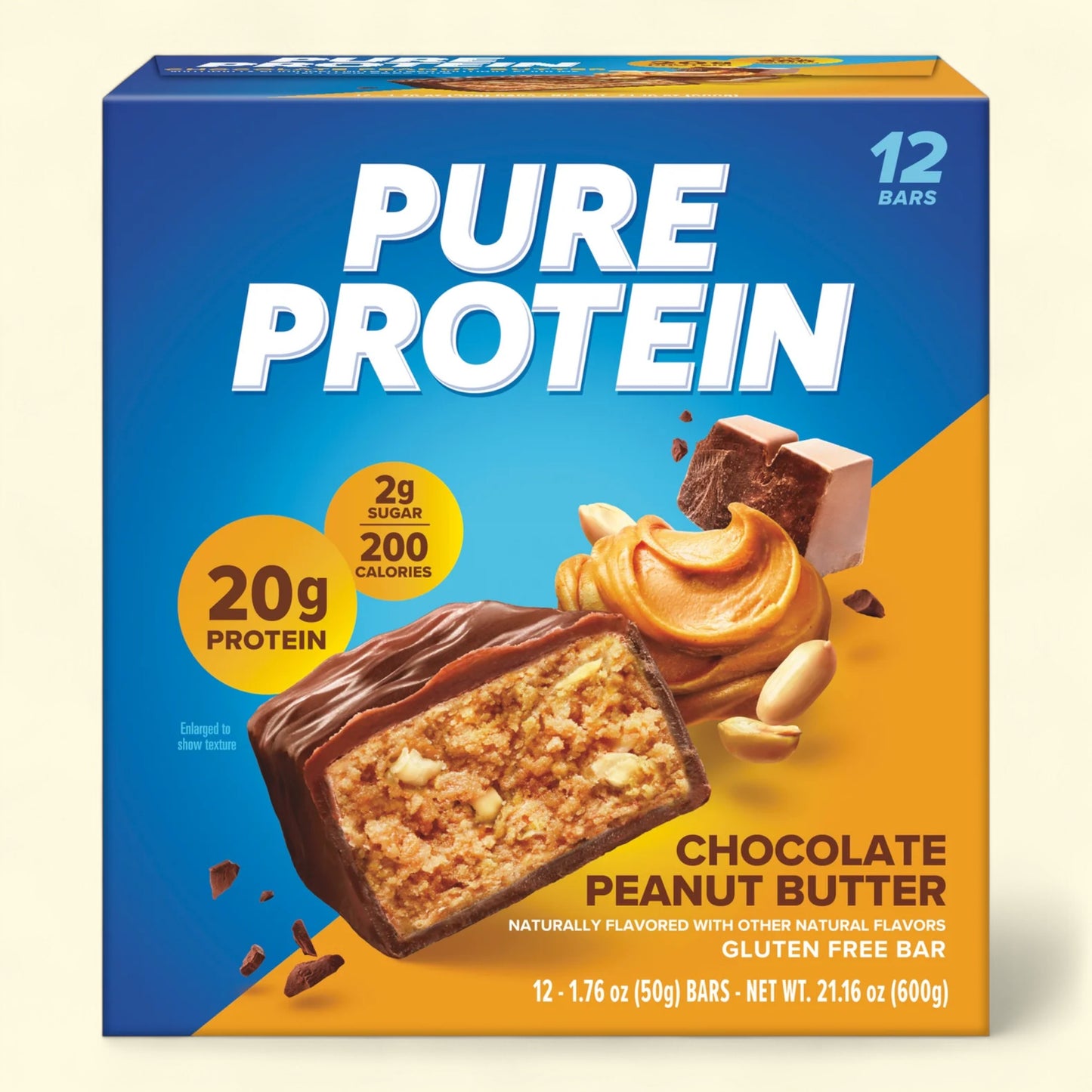 Pure Protein Chocolate Peanut Butter protein bars on a white background