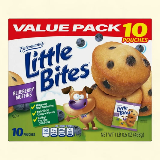 Box of Entenmann's Little Bites Blueberry Muffins with a cartoon dog character on a beige background