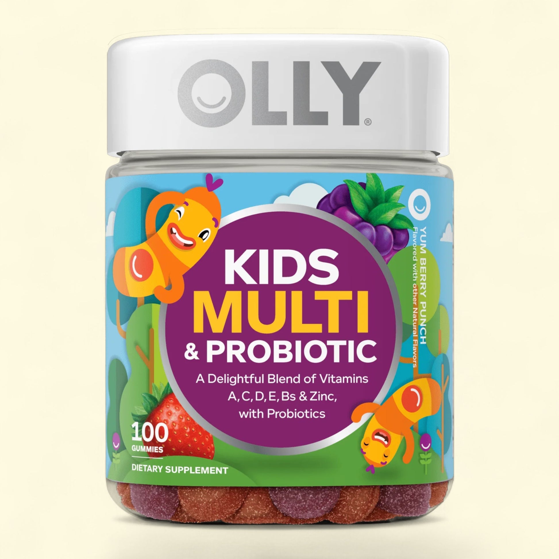 OLLY Kids Multi & Probiotic supplement jar on a light beige background