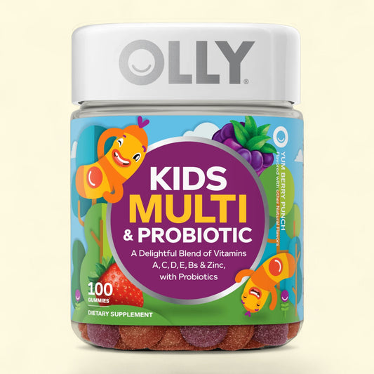 OLLY Kids Multi & Probiotic supplement jar on a light beige background