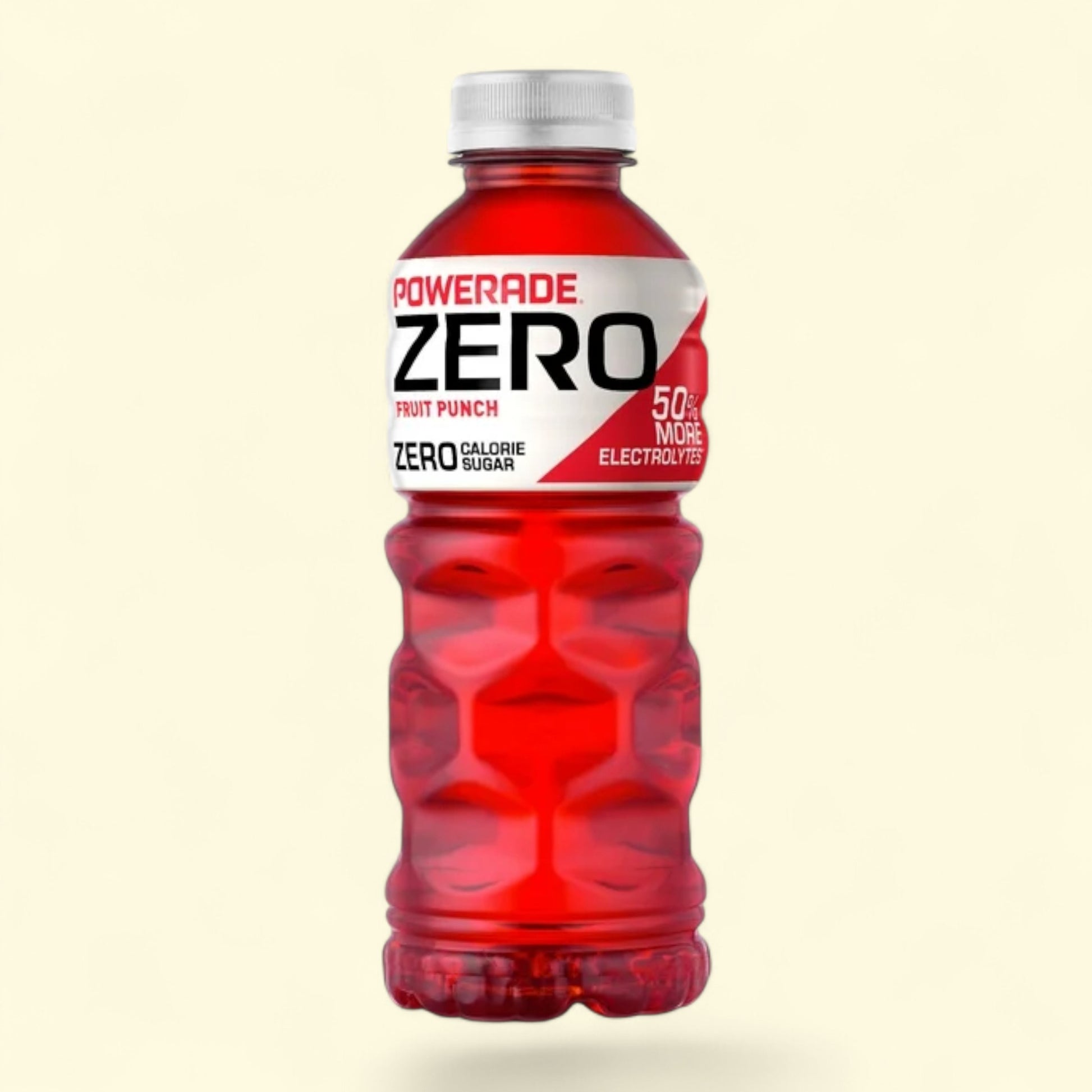 Red Powerade Zero fruit punch sports drink bottle on a beige background