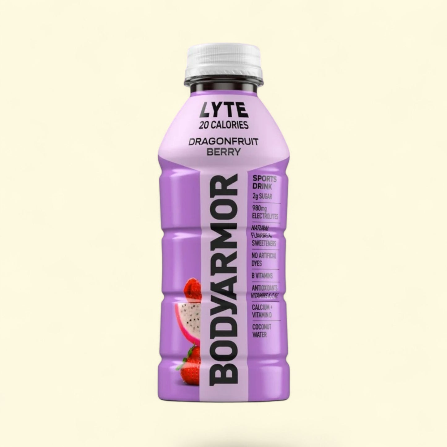 BodyArmor Lyte Dragonfruit Berry sports drink bottle on a beige background