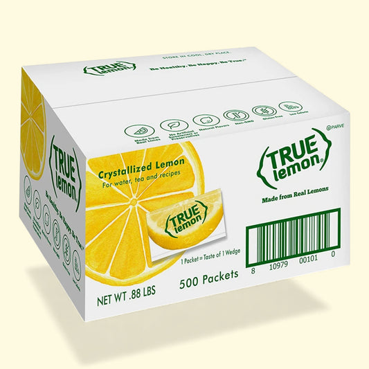 Box of True Lemon packets on a light beige background