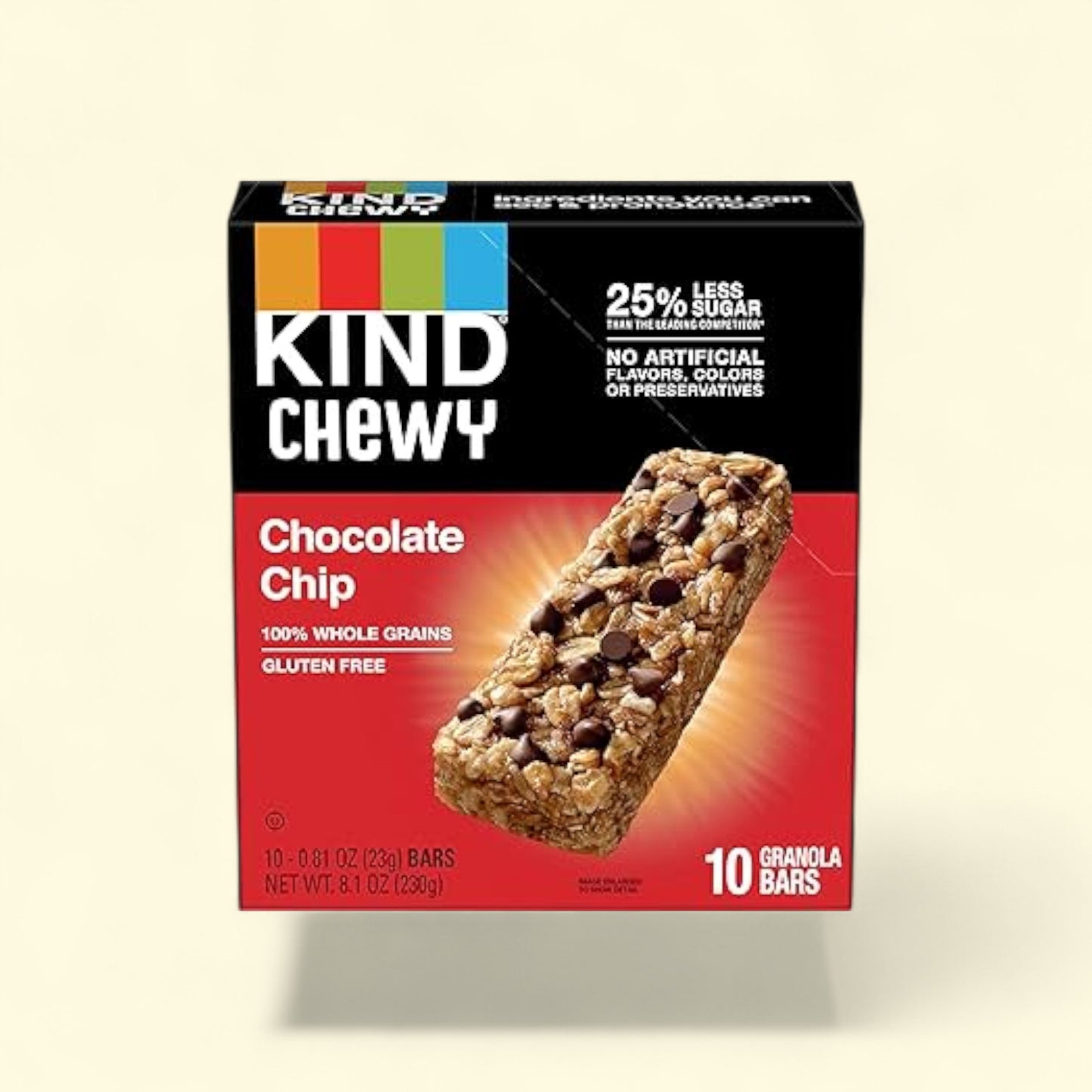 KIND Chewy Chocolate Chip gluten free granola bars on a beige background
