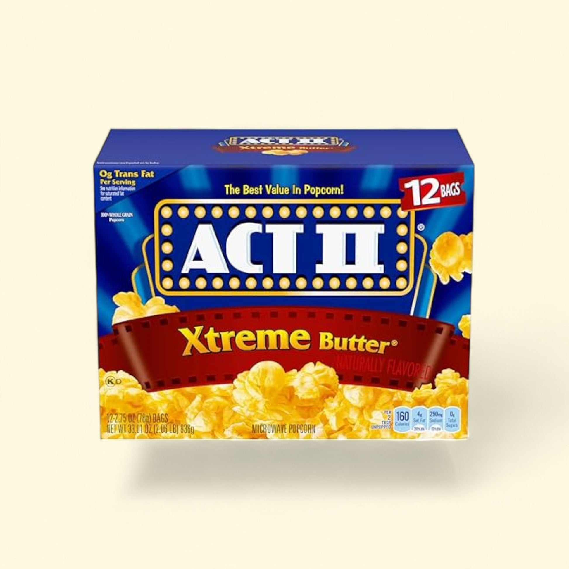 Act II Xtreme Butter popcorn 12 bags on a beige background