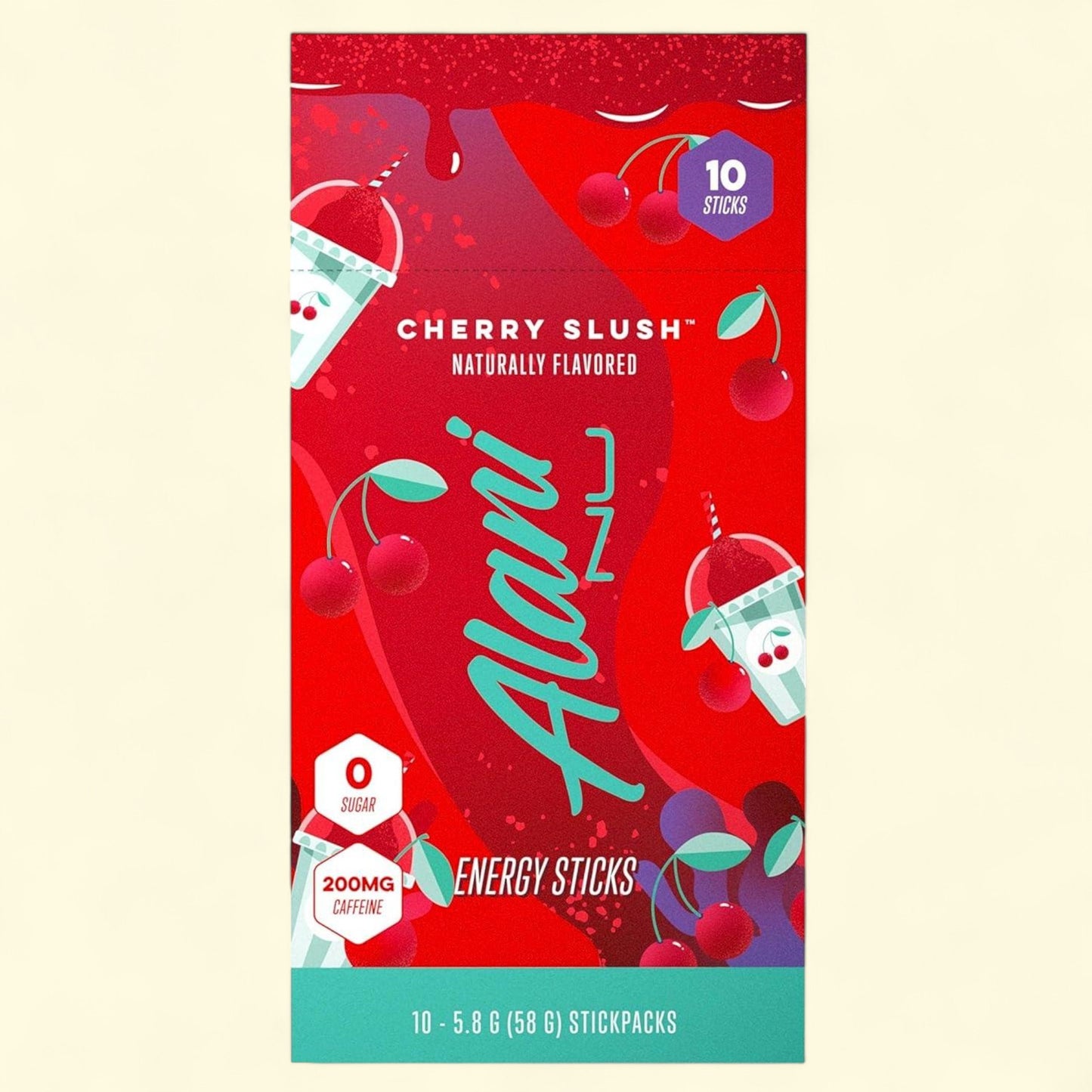 Red packaging of Alani Cherry Slush energy sticks on a beige background