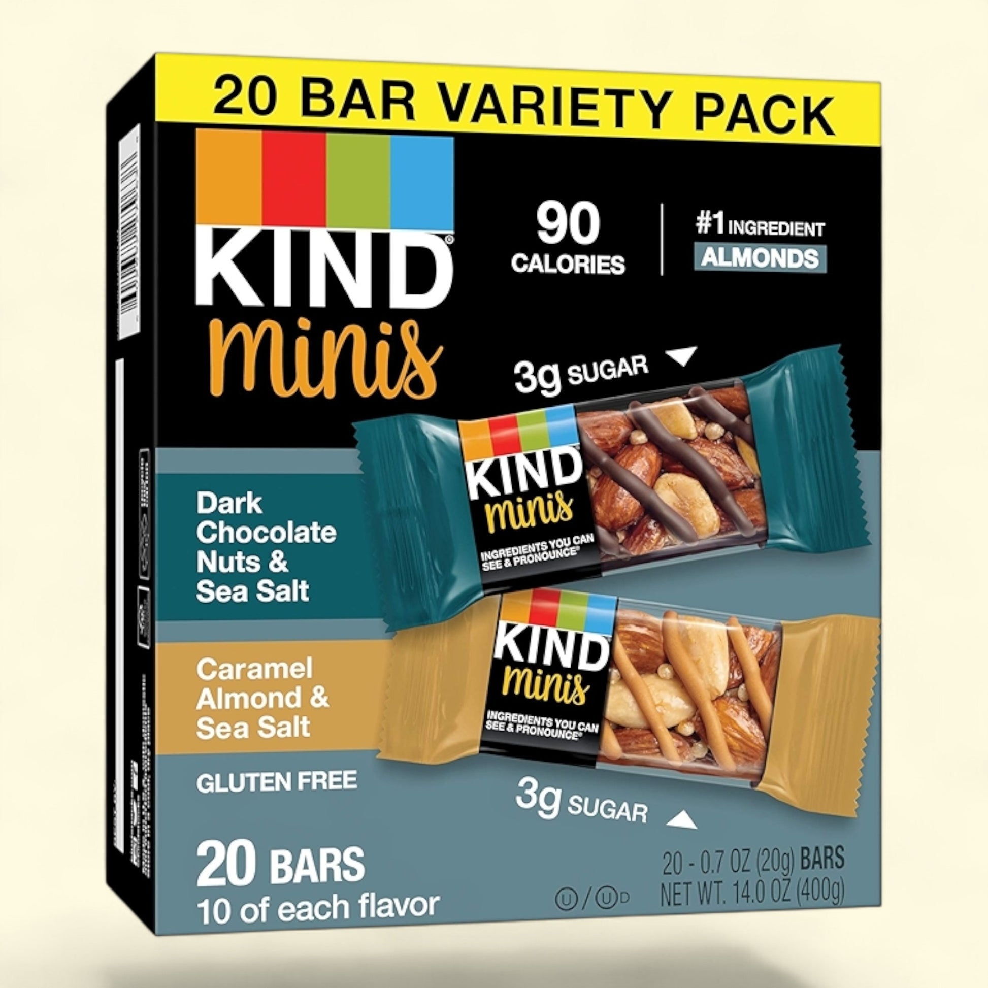 KIND minis dark chocolate nuts and sea salt caramel almond and sea salt variety pack on a light beige background