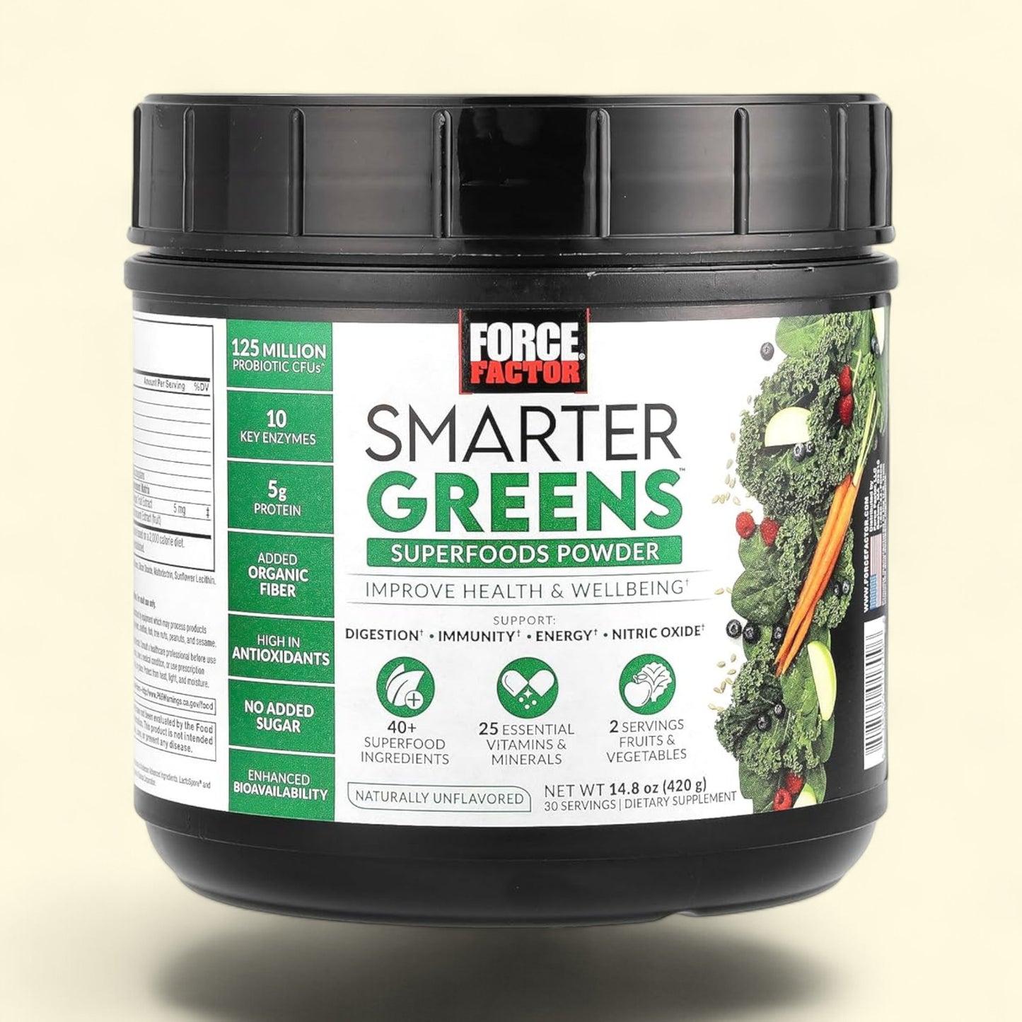 Force Factor Smarter Greens superfoods powder container on a beige background