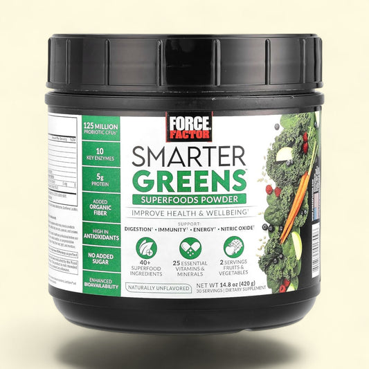 Force Factor Smarter Greens superfoods powder container on a beige background