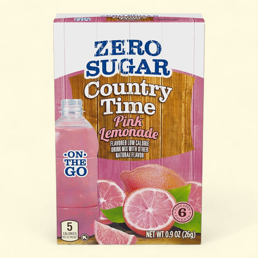 Country Time Zero Sugar Pink Lemonade packaging on a beige background