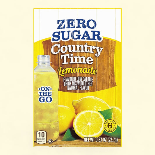 Country Time Zero Sugar Lemonade packaging on a light beige background