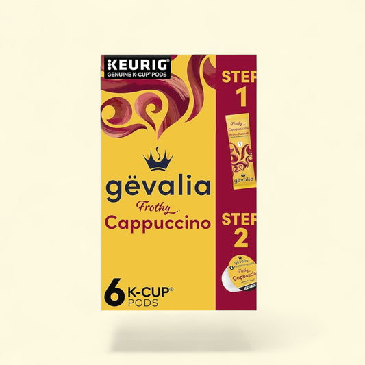 Gevalia Frothy Cappuccino K-Cup pods packaging on a beige background