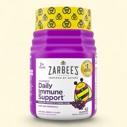 Purple bottle of Zarbee's Children's Daily Immune Support gummies with yellow cap on a white background