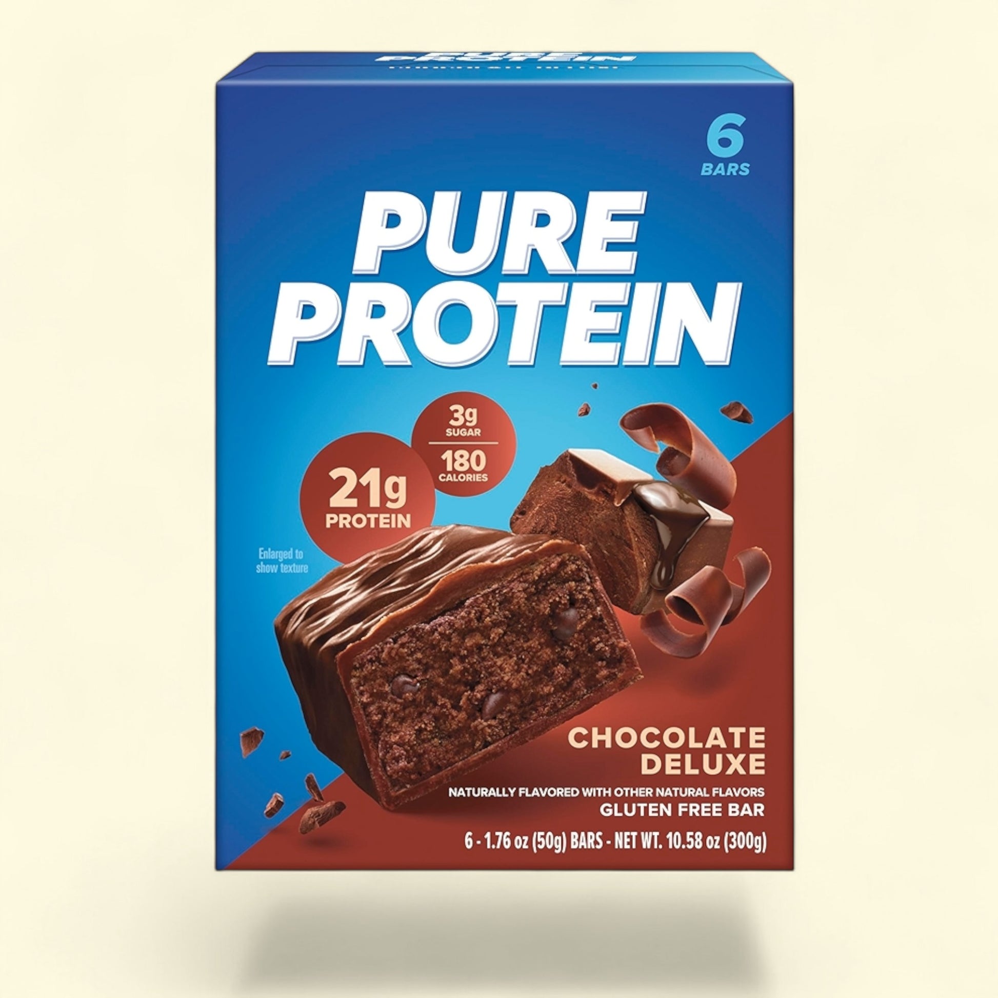Pure Protein Chocolate Deluxe gluten free bar protein bars on a beige background