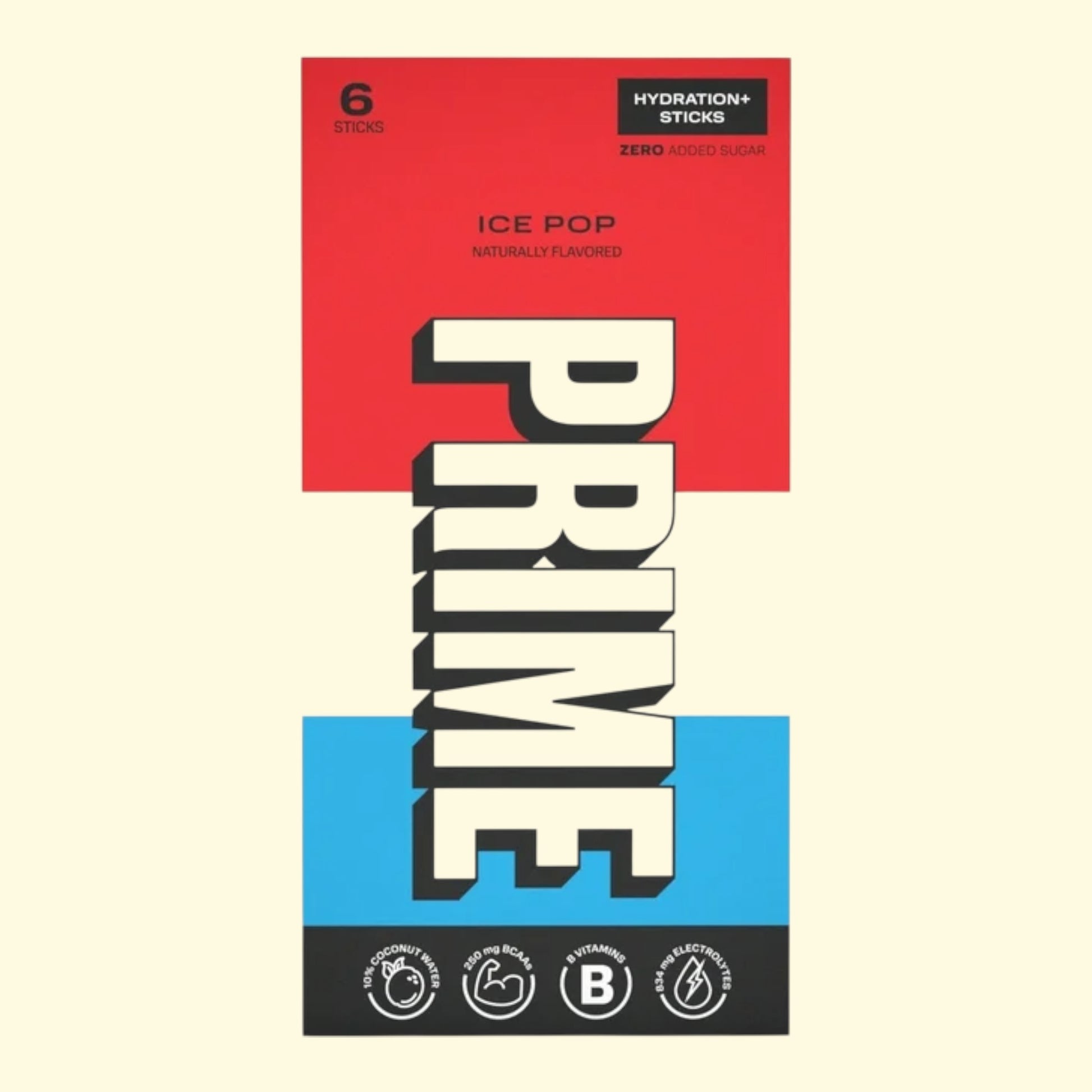 PRIME hydration sticks packaging with red, blue, and beige colors on a beige background