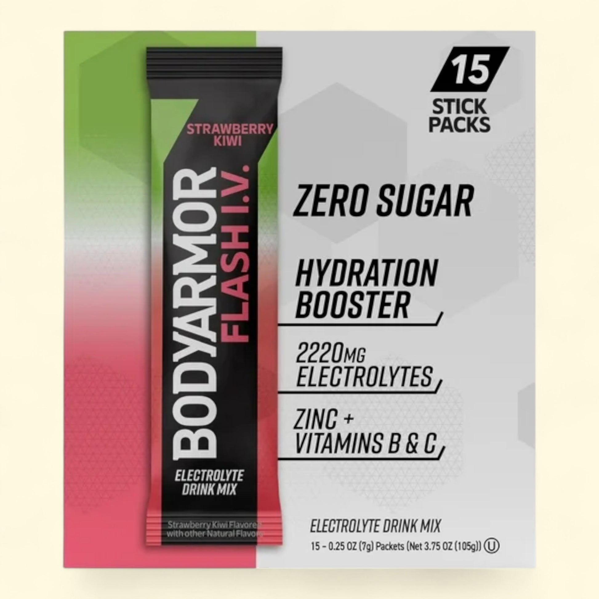 BodyArmor Flash I.V. hydration booster package with strawberry kiwi flavor on a white background