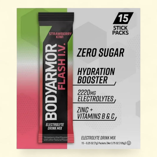 BodyArmor Flash I.V. hydration booster package with strawberry kiwi flavor on a white background
