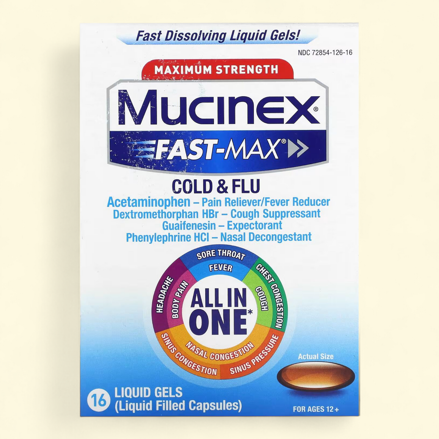 Mucinex Fast-Max Cold and Flu Medicine, 16 Liquid Gels — authentic US product shipped worldwide by Treatspree