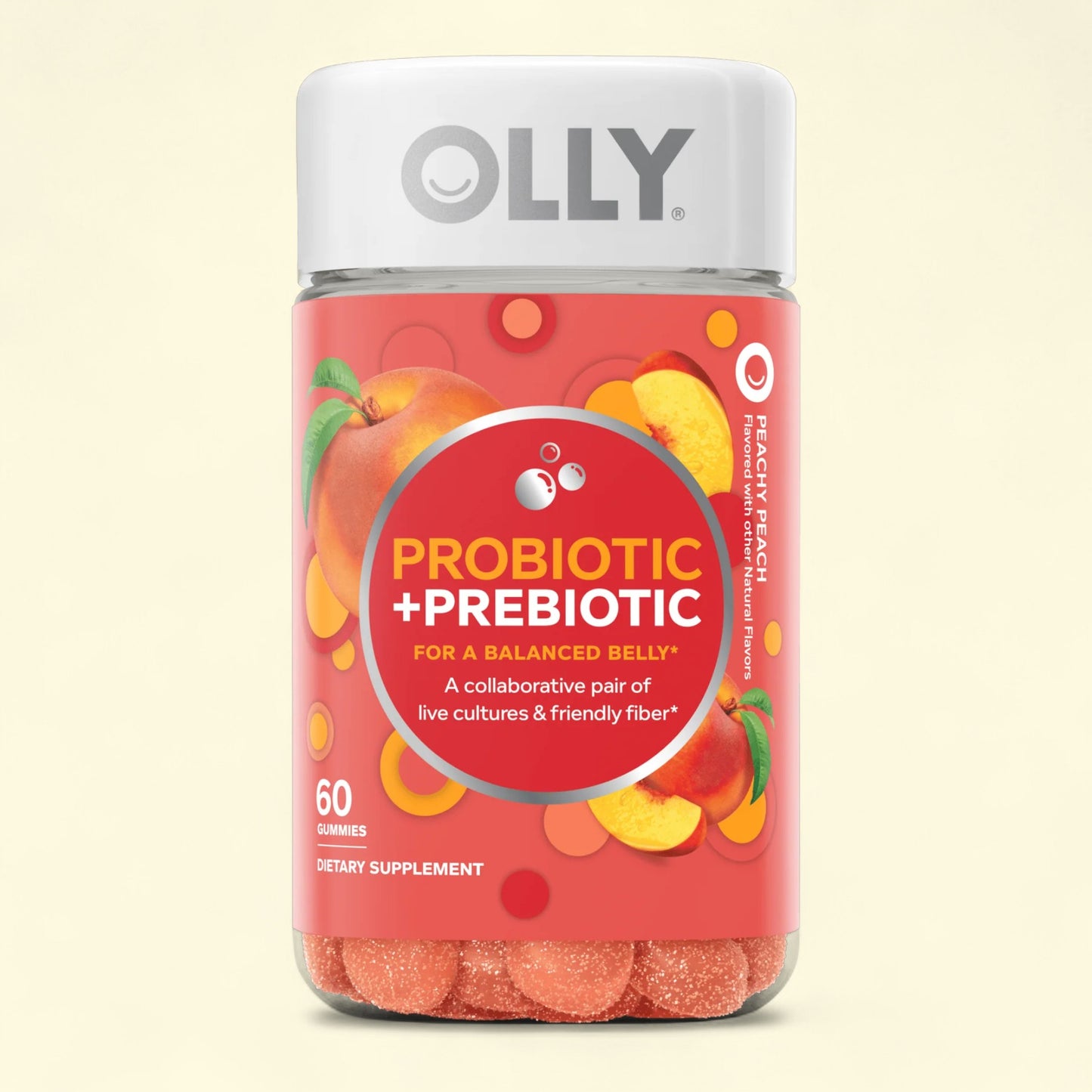 OLLY probiotic and prebiotic supplement bottle on a beige background