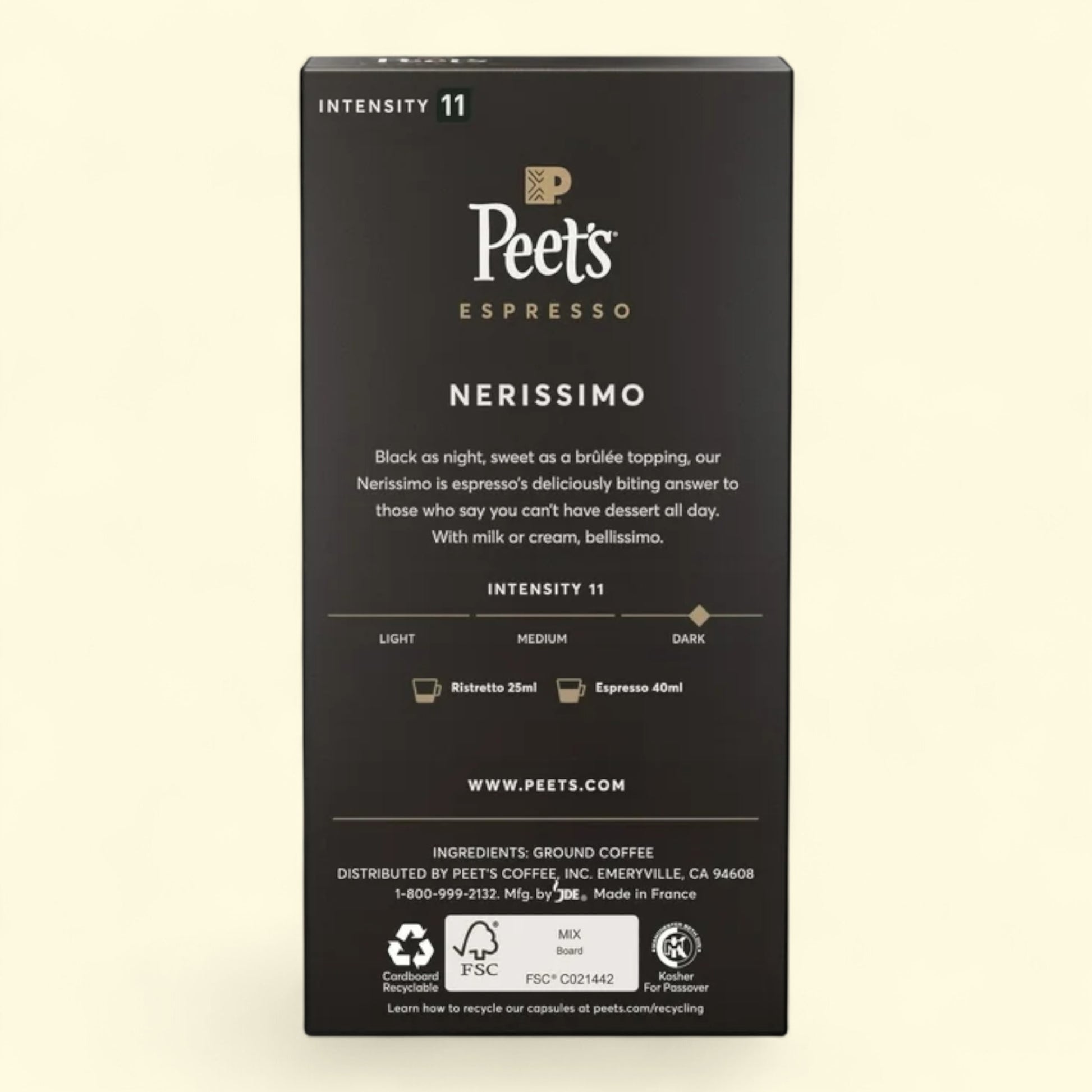 Peet's Espresso Nerissimo packaging on a beige background