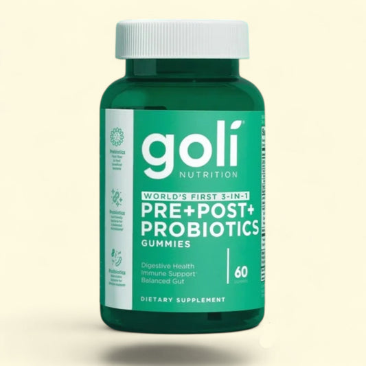 Green bottle of Goli Nutrition pre+post+ probiotics gummies on a beige background