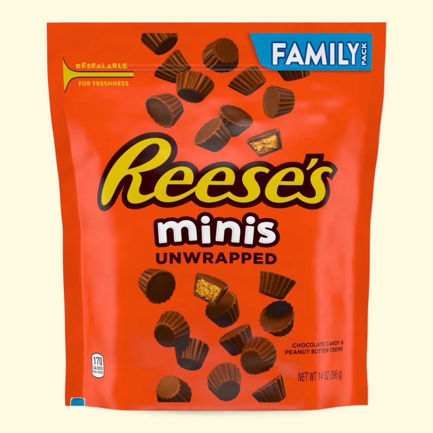 Reese's Minis Unwrapped candy package on a beige background