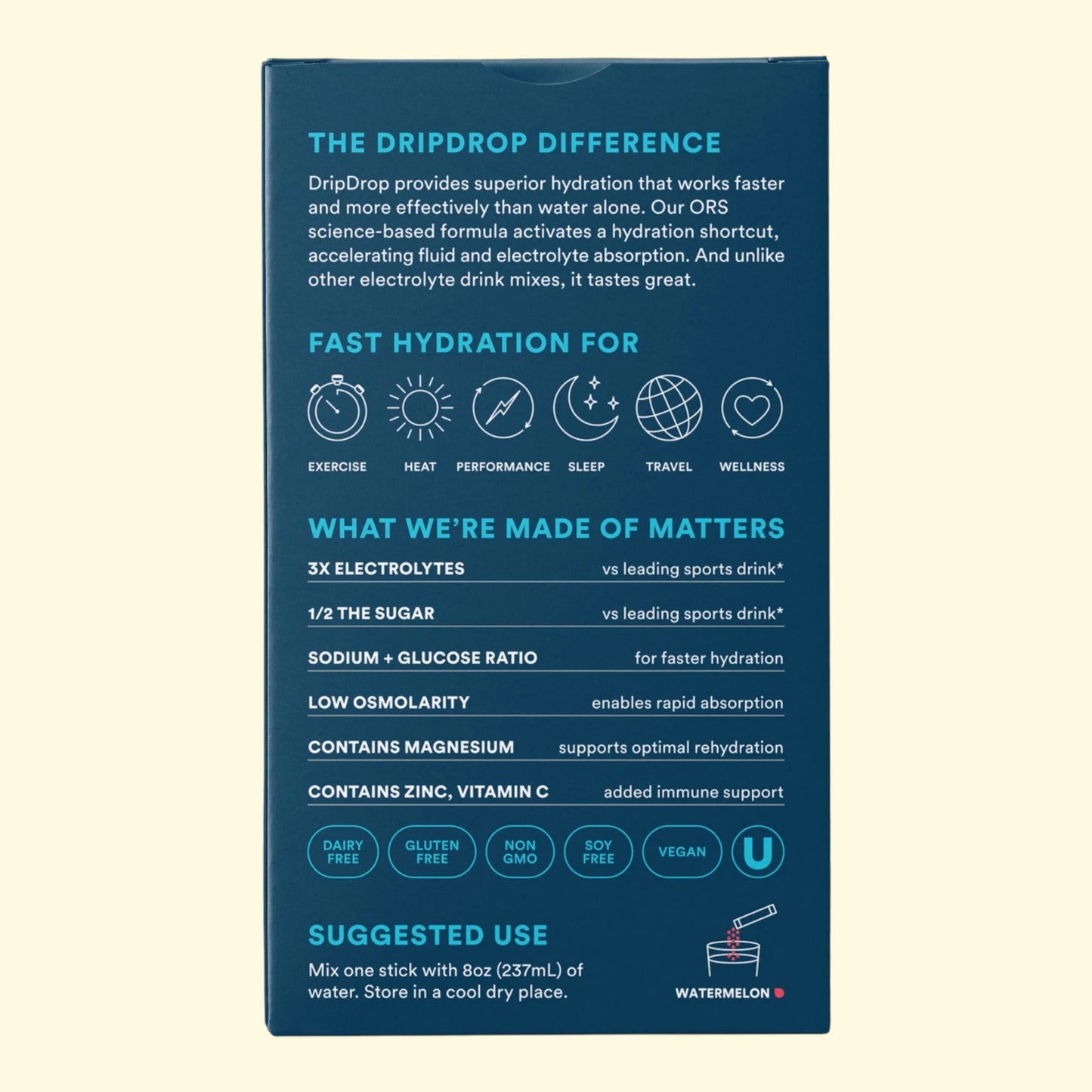 DripDrop ORS packaging with text on a beige background