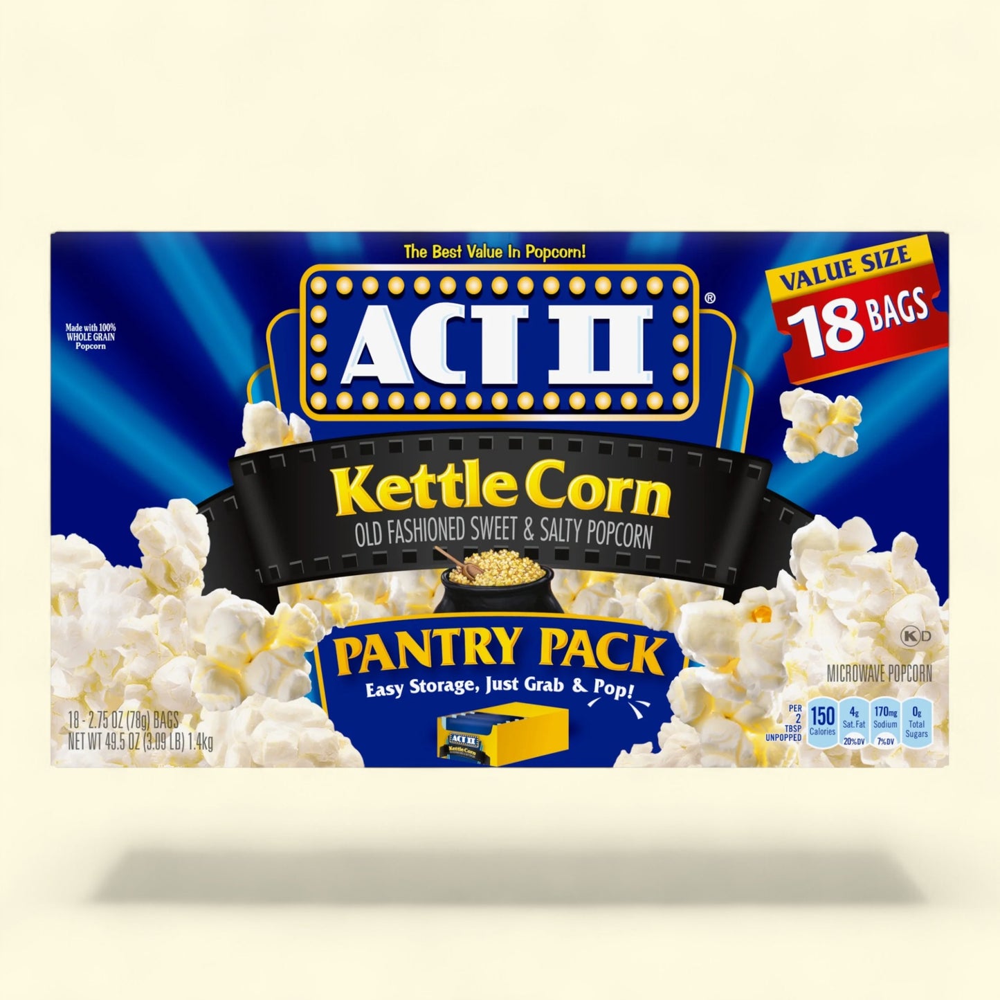Act II Kettle Corn pantry pack with 18 bags on a white background