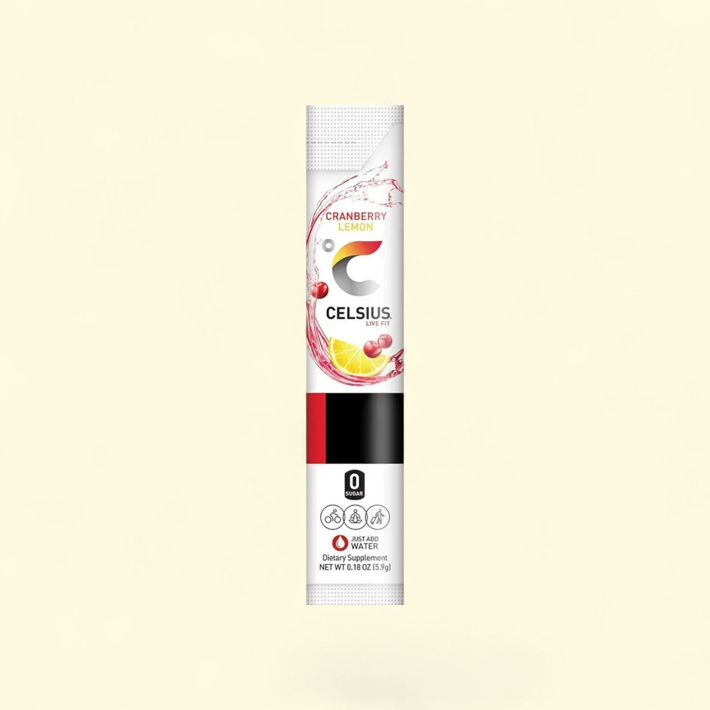 Celsius Cranberry supplement container on a beige background