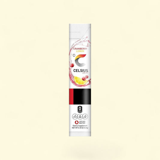 Celsius Cranberry supplement container on a beige background