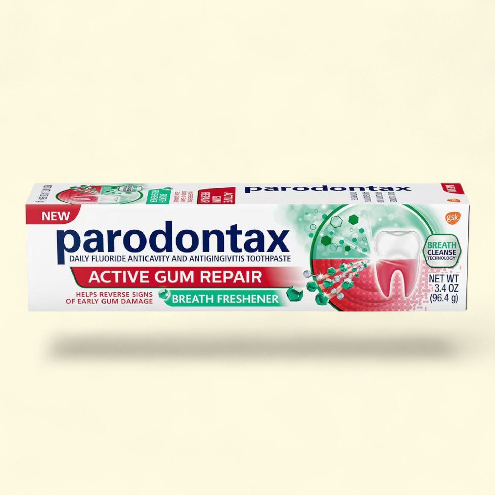 Parodontax Active Gum Repair toothpaste tube on a beige background
