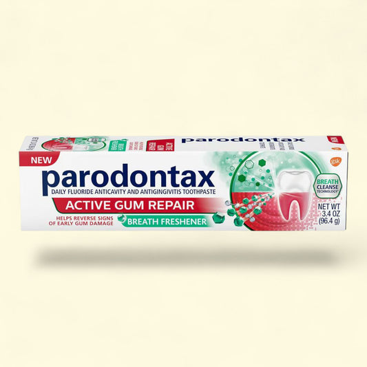 Parodontax Active Gum Repair toothpaste tube on a beige background