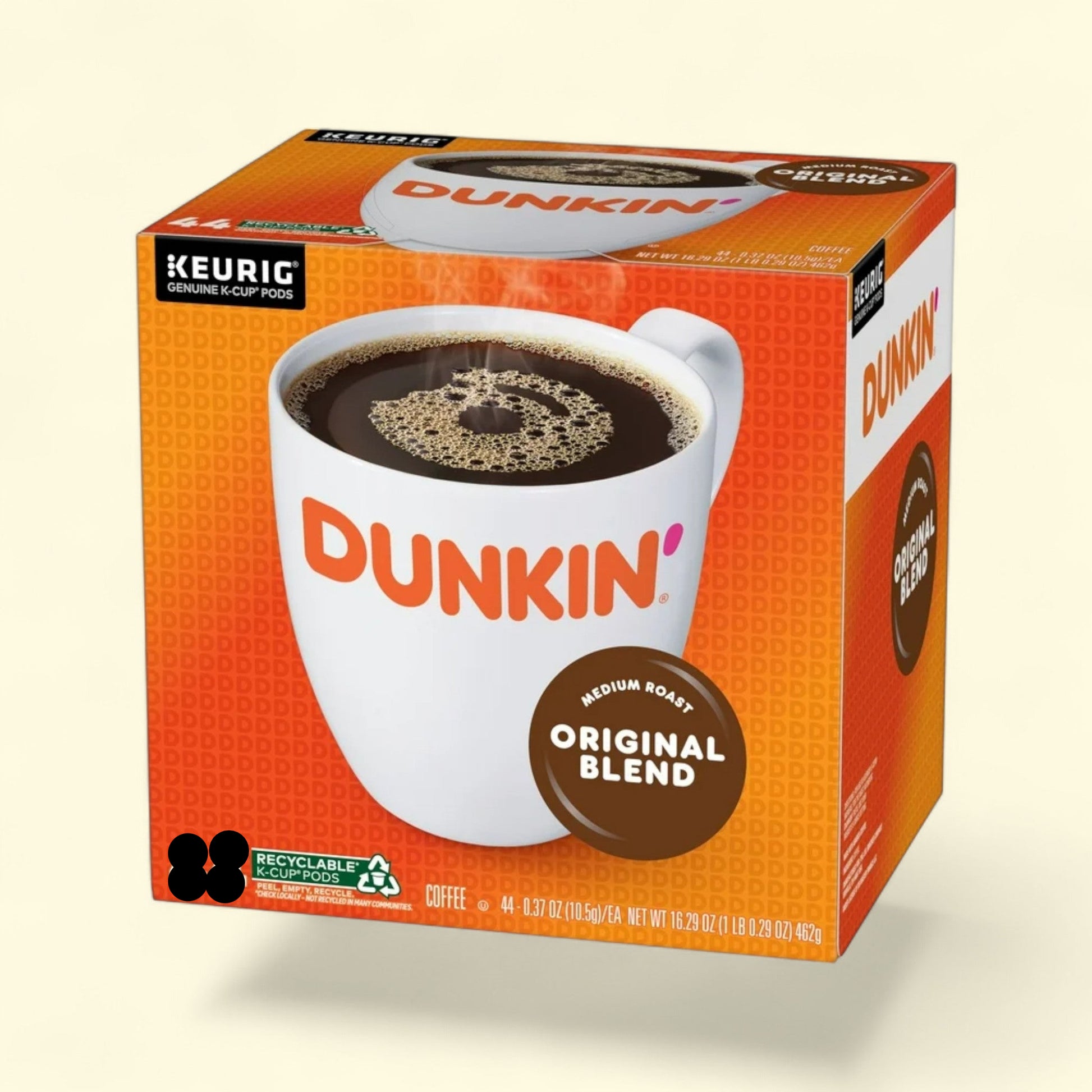 Dunkin' Donuts coffee package with a white cup on an orange background