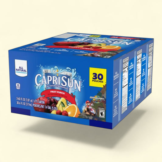 Box of Capri Sun Fruit Punch juice pouches on a beige background