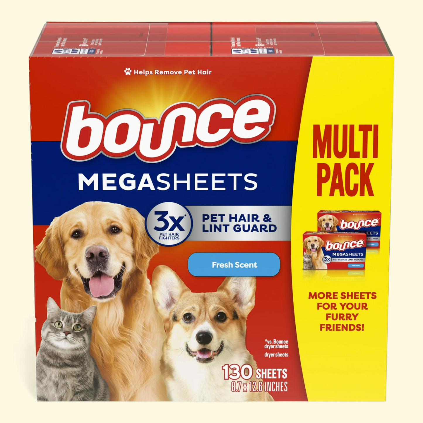 Bounce Mega Dryer Sheets, 3X Pet Hair Fighters, Unscented, 130 Count
