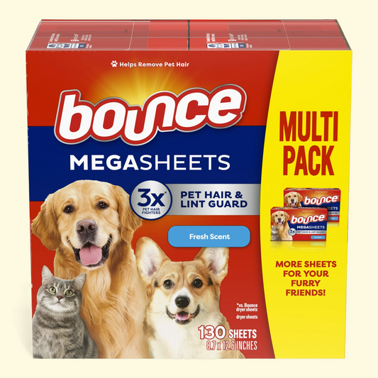 Bounce Mega Dryer Sheets, 3X Pet Hair Fighters, Unscented, 130 Count