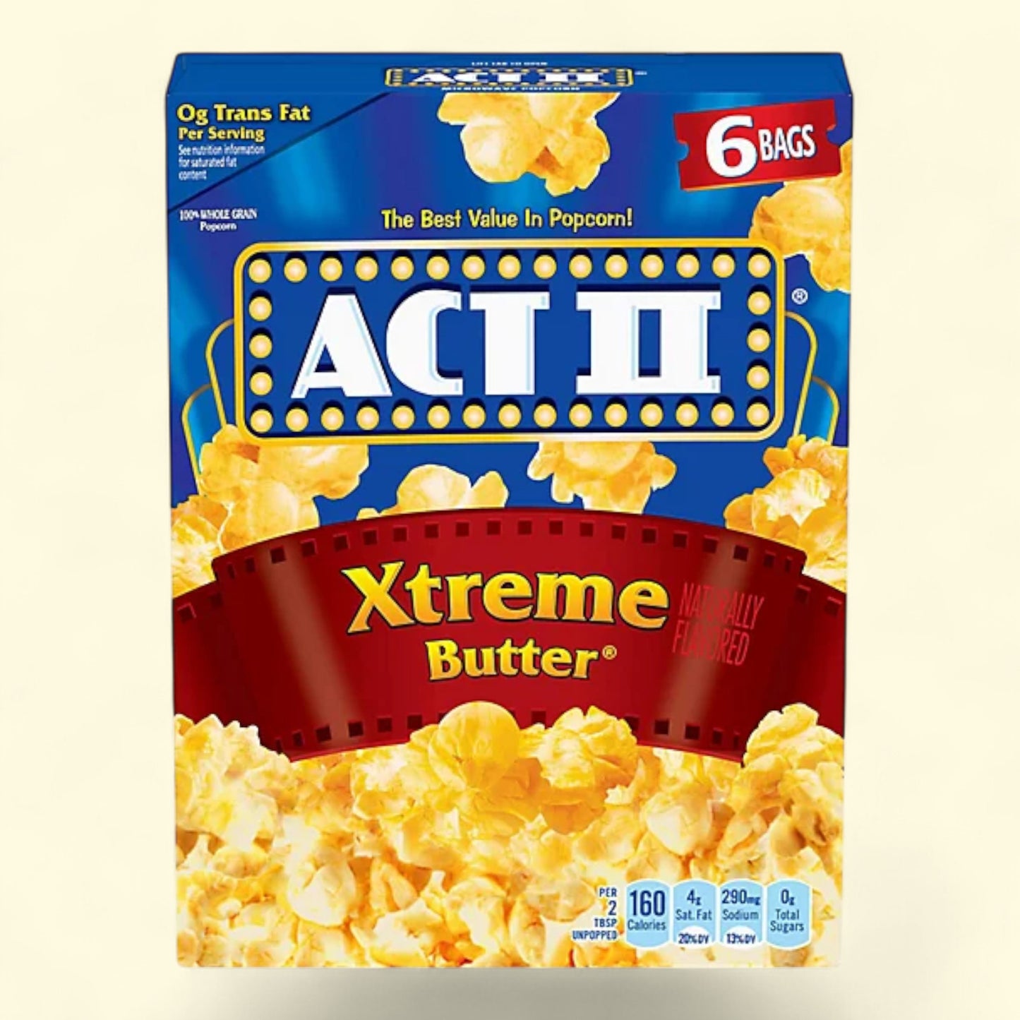 Act II Xtreme Butter popcorn box 6 bags with blue and red design