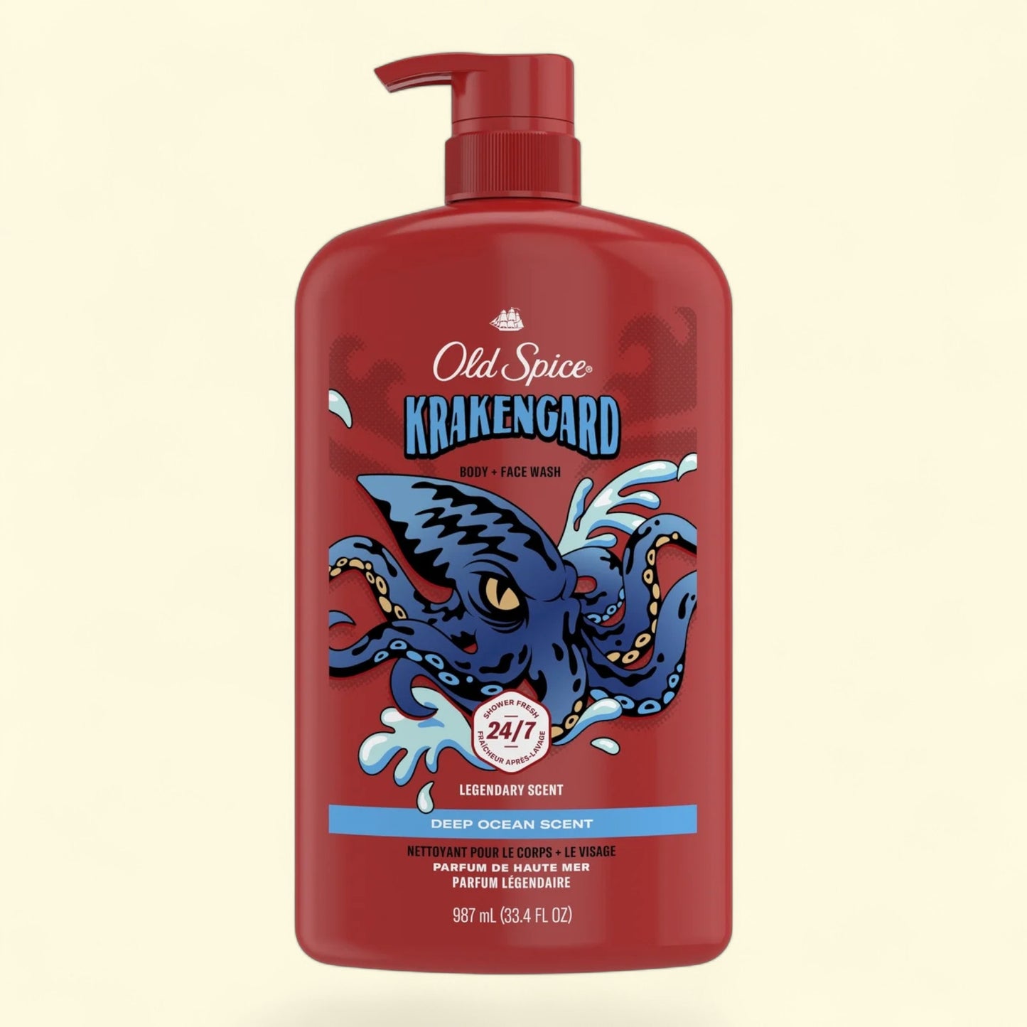 Red Old Spice Krakengard bottle on a beige background
