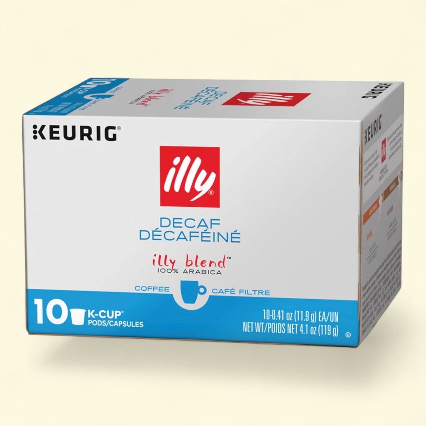Box of illy Decaf K-Cup pods on a beige background