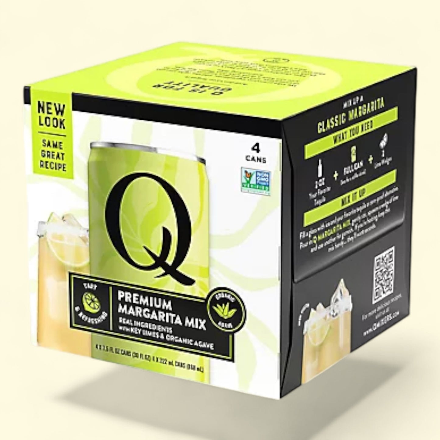 Box of Q Premium Margarita Mix with a can and lemon slices on a light background